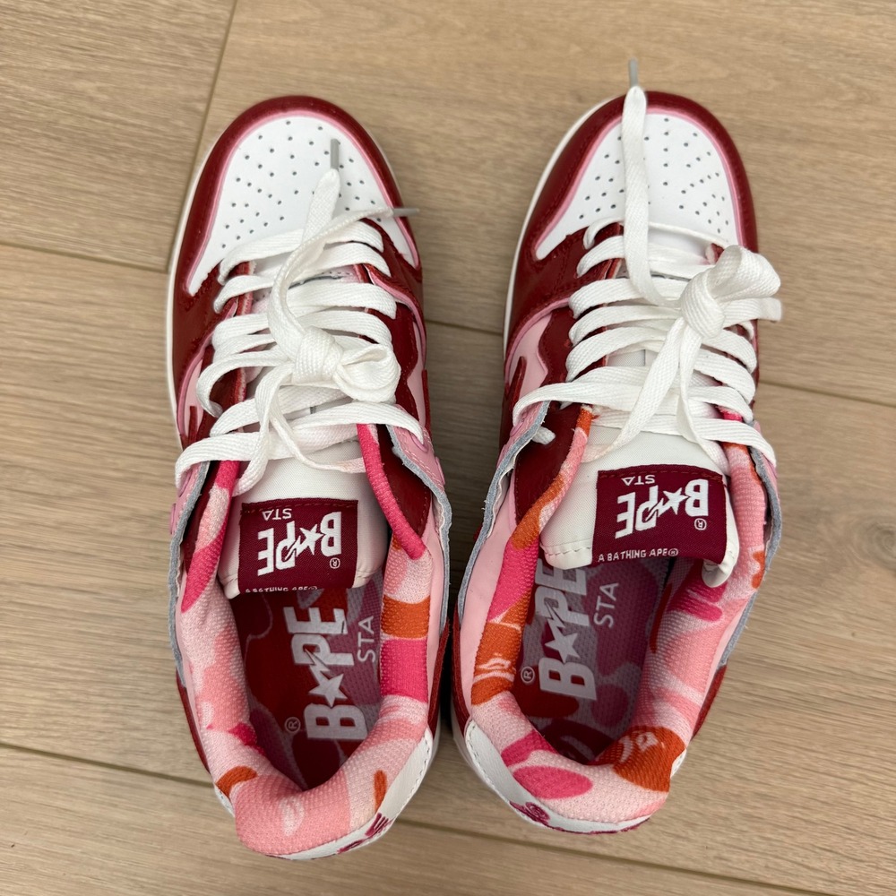 CC A Bathing Ape Bape Sta 93 Low Pink Burgundy Camo Leather Sneakers‎ M 7 W 8.5 - Picture 5 of 8